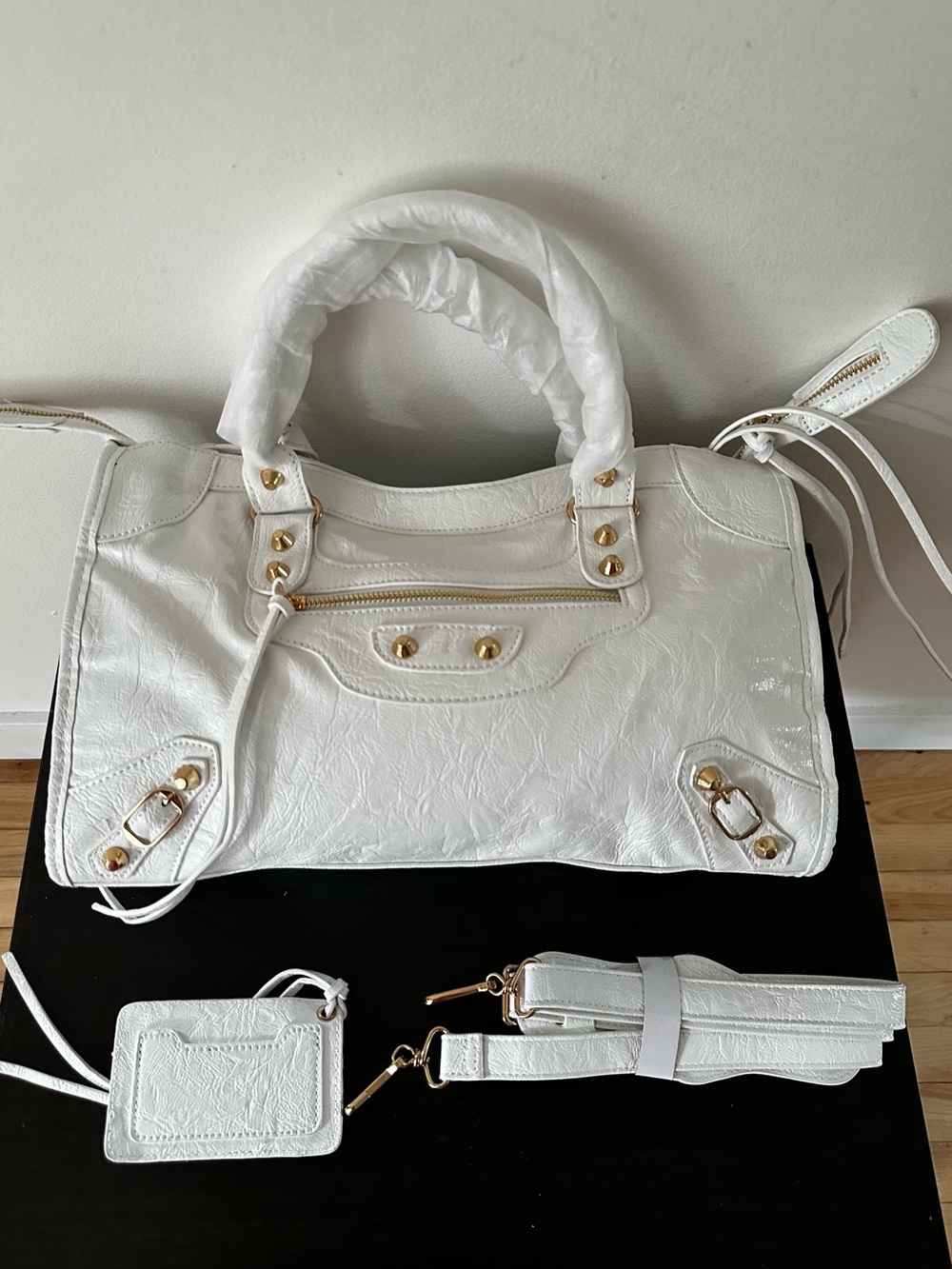 White Leather Satchel Handbag with Gold Hardware